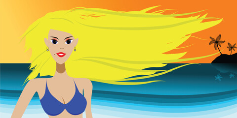 Vector - Girl in bikini posing in front of a paradise island, copy space to insert your text.