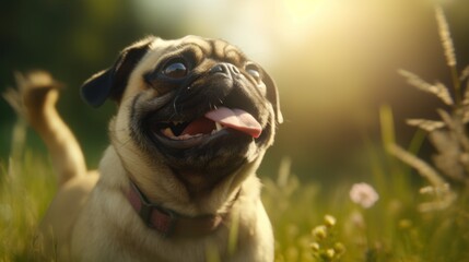 Pug in Sunlit Grass