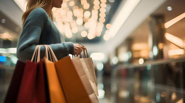 Close-up of unrecognizable woman in casual clothing standing in spacious shopping mall with lights and holding many paper bags