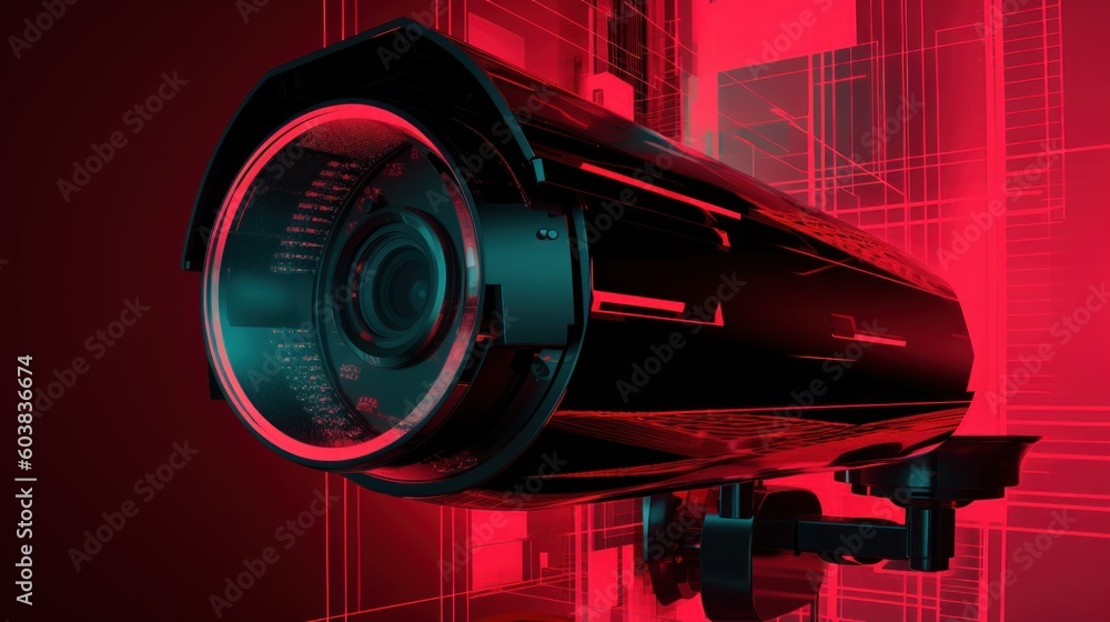 Poster a security camera with a red background. generative ai image.