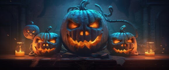 Halloween pumpkins and jack o lanterns on table with beautiful misty atmosphere, mysterious backdrop. Generative AI
