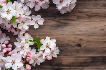 Apple blossom flowers on wooden background, floral flat lay. Valentine's, womens, mothers day, birthday or wedding concept. Top view. Copy space. Generated AI.