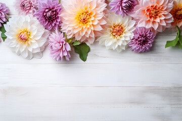 Obraz na płótnie Canvas Dahlia flowers on white wooden background, floral flat lay. Valentine's, womens, mothers day, birthday or wedding concept. Top view. Copy space. Generated AI.