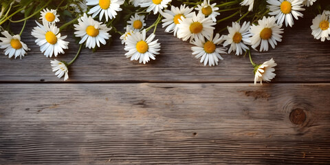 Obraz premium Daisy flowers on wooden background, summer chamomile flat lay banner. Valentine's, womens, mothers day, birthday or wedding concept. Top view. Copy space. Generated AI.