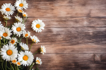 Obraz premium Daisy flowers on wooden background, summer chamomile flat lay. Valentine's, womens, mothers day, birthday or wedding concept. Top view. Copy space. Generated AI.