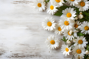 Daisy flowers on white wooden background, summer chamomile flat lay. Valentine's, womens, mothers day, birthday or wedding concept. Top view. Copy space. Generated AI.