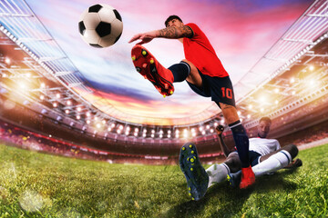 Close up of a football action scene with competing soccer players at the stadium