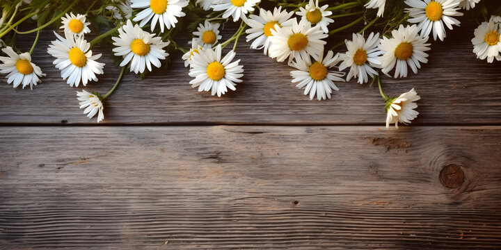 Daisy flowers on wooden background, summer chamomile flat lay banner. Valentine's, womens, mothers day, birthday or wedding concept. Top view. Copy space. Generated AI.