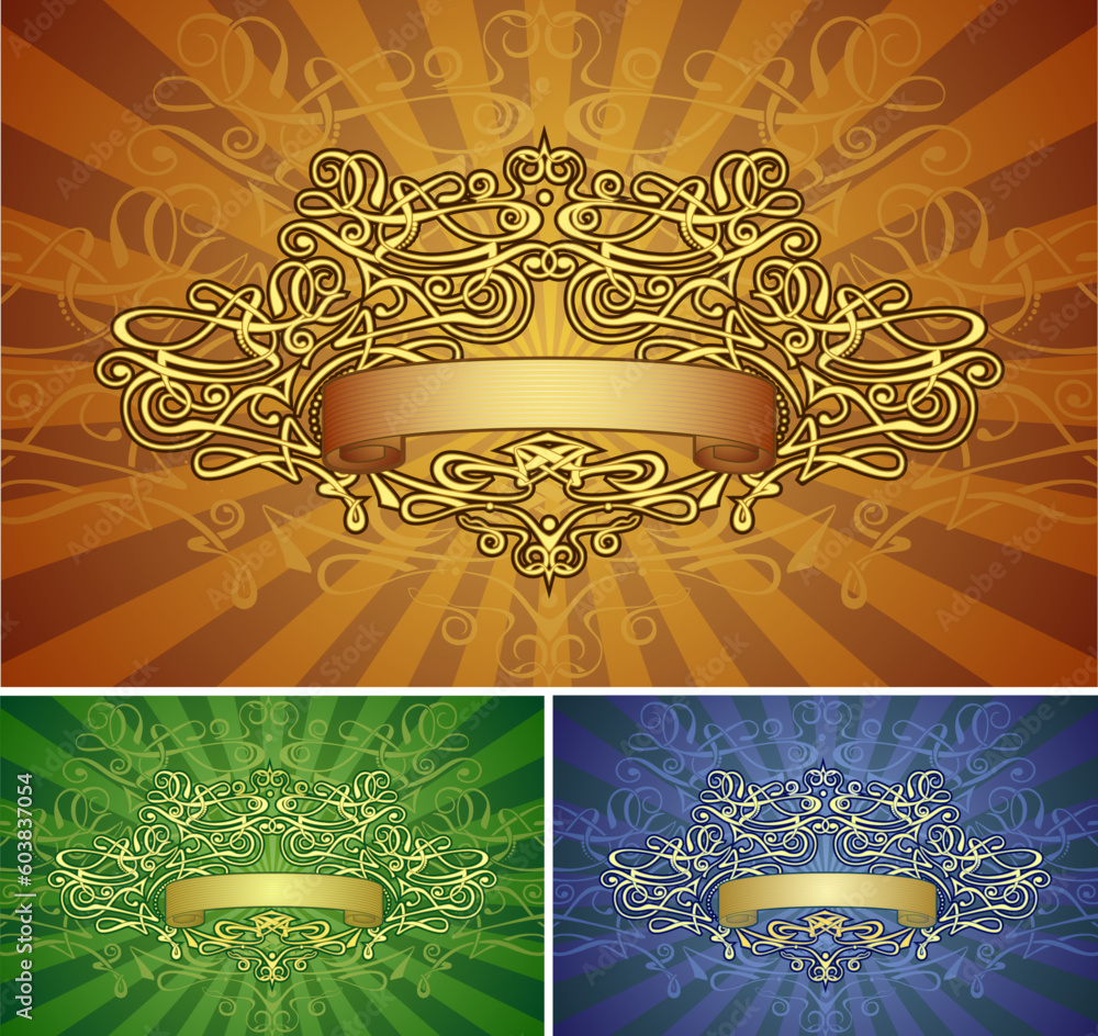 Poster retro-styled frame with banner & background. three color variants