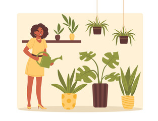 Girl and plants. Woman with watering can stands near flowerpots. Floristics and botany, gardening indoor, love for flowers. Comfort and coziness in apartment. Cartoon flat vector illustration