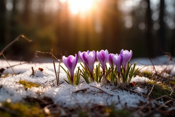 Spring landscape with first flowers purple crocuses on the snow in nature in the rays of sunlight. AI generative