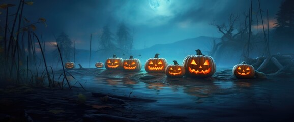 Halloween pumpkins and jack o lanterns on table with beautiful misty atmosphere, mysterious backdrop. Generative AI