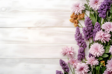 Summer garden purple flowers on white wooden background, flat lay composition. Valentine's, womens, mothers day, birthday or wedding concept. Top view. Copy space. Generated AI.