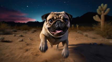 A pug running at night