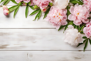 Fototapeta na wymiar Peony flowers on white wooden background, spring flat lay composition. Valentine's, womens, mothers day, birthday or wedding concept. Top view. Copy space. Generated AI.
