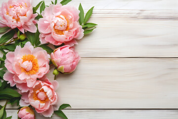 Peony flowers on white wooden background, spring flat lay composition. Valentine's, womens, mothers day, birthday or wedding concept. Top view. Copy space. Generated AI.
