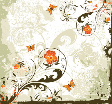 Grunge paint flower background with butterfly, element for design, vector illustration