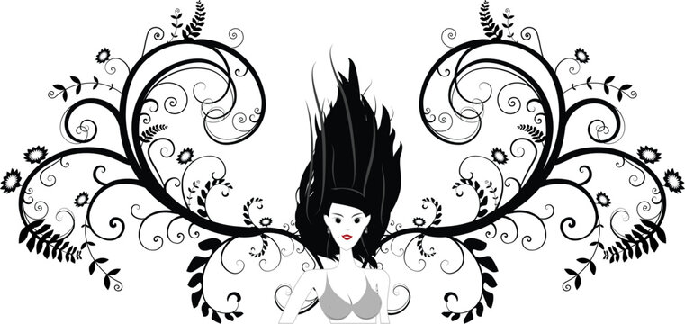 Vector - Girl in bikini posing with wind blowing in her hair and floral vines in the background.