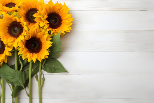 Sunflowers on white wooden background. Valentine's, womens, mothers day, birthday or wedding, summer flowers flat lay. Top view. Copy space. Generated AI.