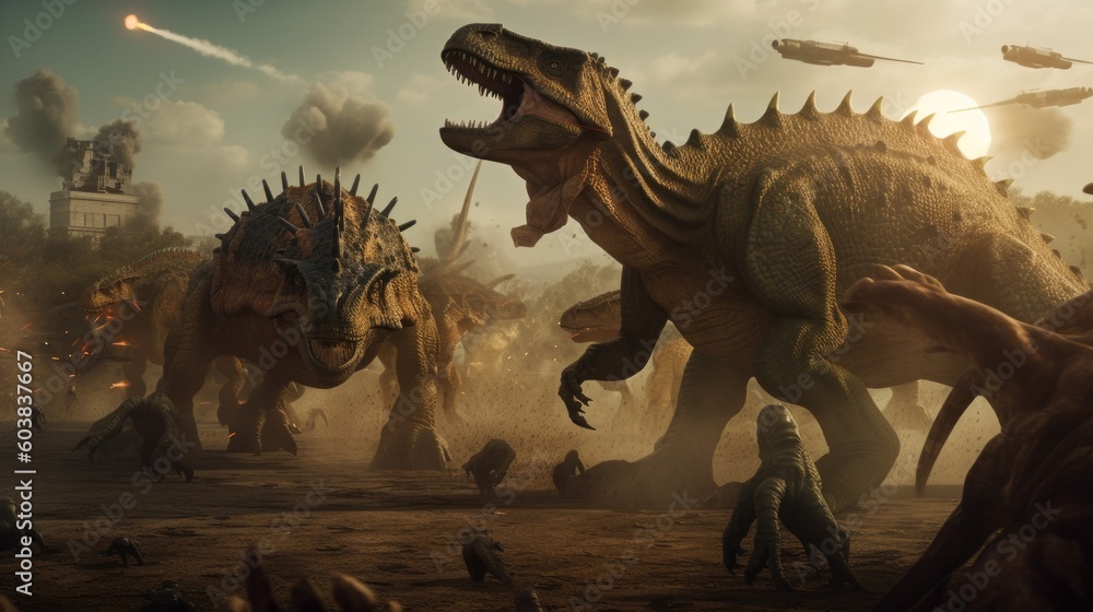 Poster a group of dinosaurs walking through a desert. generative ai image.