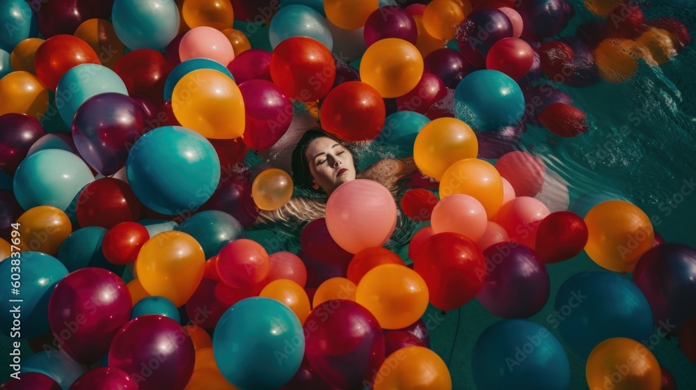 Poster a woman floating in a pool of colorful balloons. generative ai image.