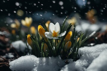 Sudden and unexpected cold snap in early spring, cold climate, spoiled weather, snow wind, early cold, morning frost, empty cities streets, snow-covered landscapes, gloomy desolation. Generative AI