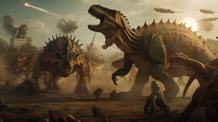 A group of dinosaurs walking through a desert. Generative AI image.