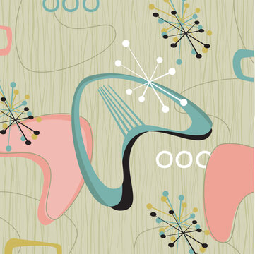 Retro barkcloth fabric-inspired design with stars and boomerangs. Each item is whole and grouped so you can use them independently from the background. Layered file for easy edit.