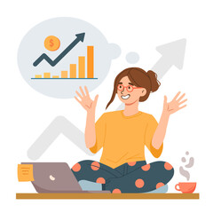 Girl have progress. Woman sits in lotus position next to laptop and looks at growing graph. Successful entrepreneur or businesswoman with start up and project. Cartoon flat vector illustration