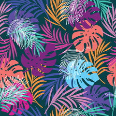 Fototapeta na wymiar Colored tropical leaves. Seamless pattern with floral elements. Aloha fabric collection. Template for textile design, postcards, covers.