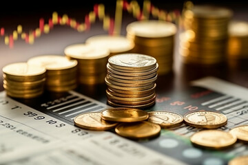 Summary report and financial analyzing concept with coin on paperwork