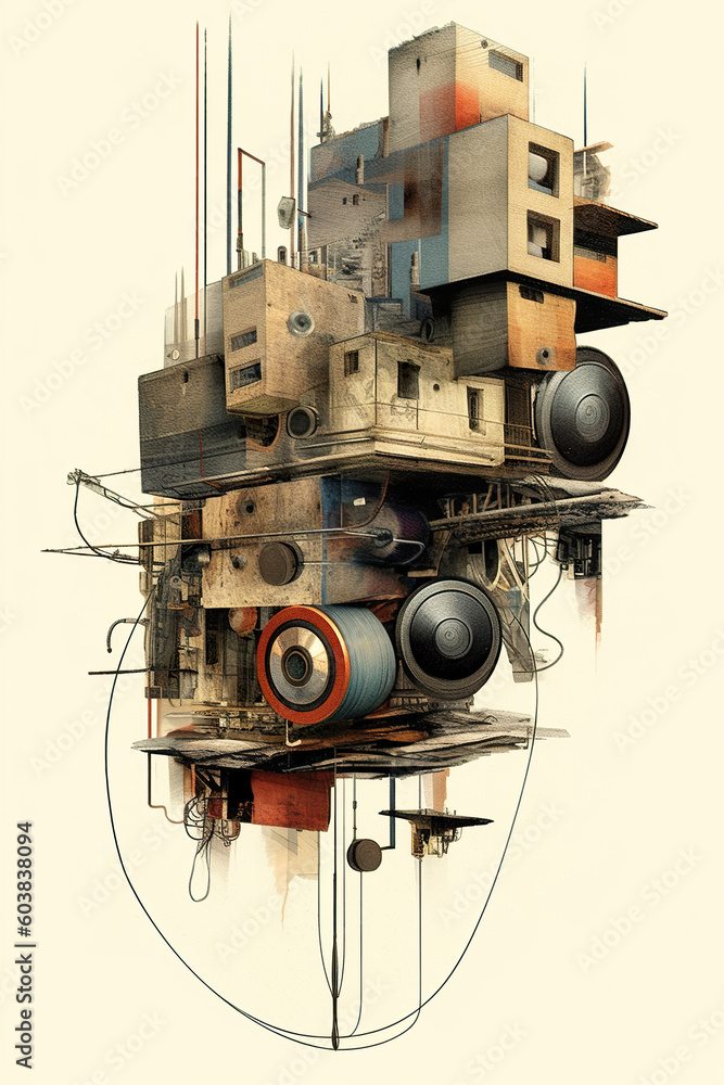 Aufkleber a digital painting of a building with speakers. generative ai. weird and ugly still life, unconventi