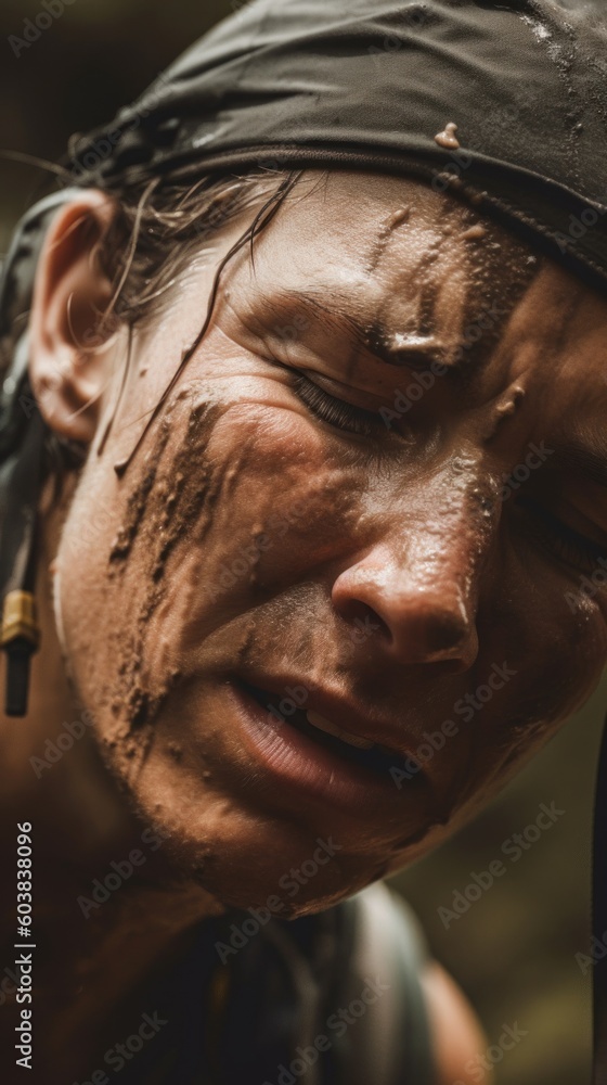 Aufkleber a close up of a person with mud on their face. generative ai image.