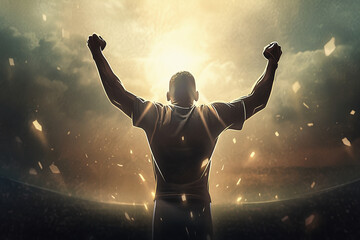 Fototapeta na wymiar Successful happy accomplished athletic man stands with raised arms facing the sun