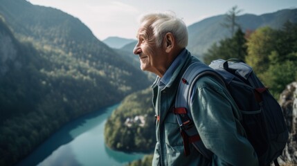 A man with a backpack looking out over a valley. Generative AI image.