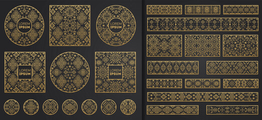 Navajo gold, jewelry elements set in line style on gold and black. Abstract Aztec elements. National tribal pattern. Logo, symbol and background.