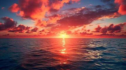 Naklejka na ściany i meble Bright beautiful sunrise or sunset at sea.