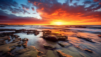 Bright beautiful sunrise or sunset at sea.