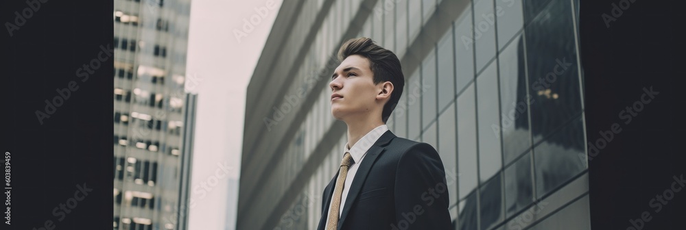 Poster a man in a suit and tie standing in front of a tall building. generative ai image.