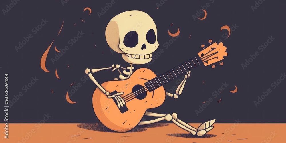 Poster a skeleton playing a guitar on a table. generative ai image.
