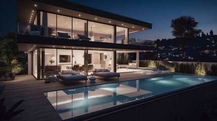 illustration, modern mansion with swimming pool, generative ai