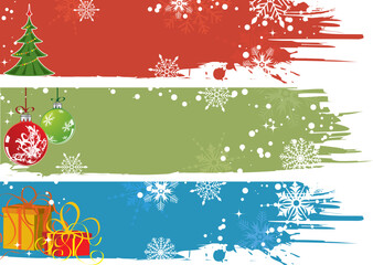 Three christmas background with baubles, tree & gifts, element for design, vector illustration