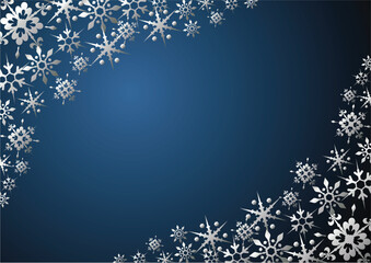 Silver snow crystals frame over blue background