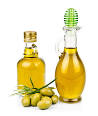 A two bottle of olive oil with olives on plate on white background