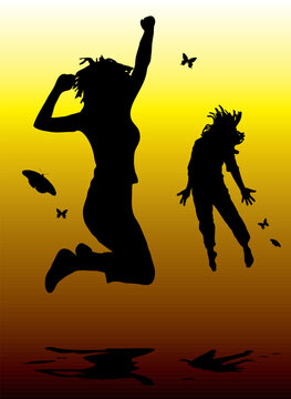 couple of people dancing with a shadow on a yellow and orange background