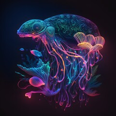 Mesmerizing Glow of Intricate Abstract Neon-Light Ocean Creature in Stunning 8K Digital Artwork: A Space Background Wallpaper Design Generative AI