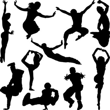 People in different poses silhouetted black against a white background
