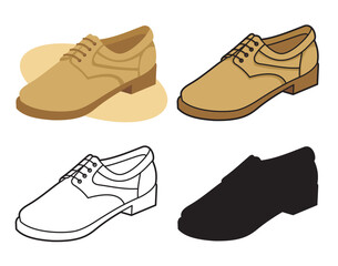 Vector illustration of male shoe in four versions.  The vector version is a fully editable EPS 8 file, compressed in a zip file. No gradients or transparencies. Can be scaled to any size without loss 