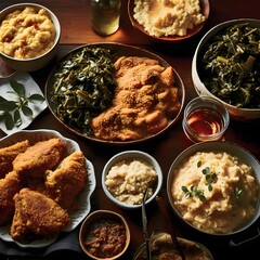 Southern Hospitality on Thanksgiving: Slow-Cooked Greens, Fried Chicken, and More. Created with generative AI tools.