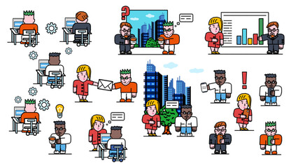 Obraz premium Business Concept office work. Pixel style doodled. Vector illustrations.